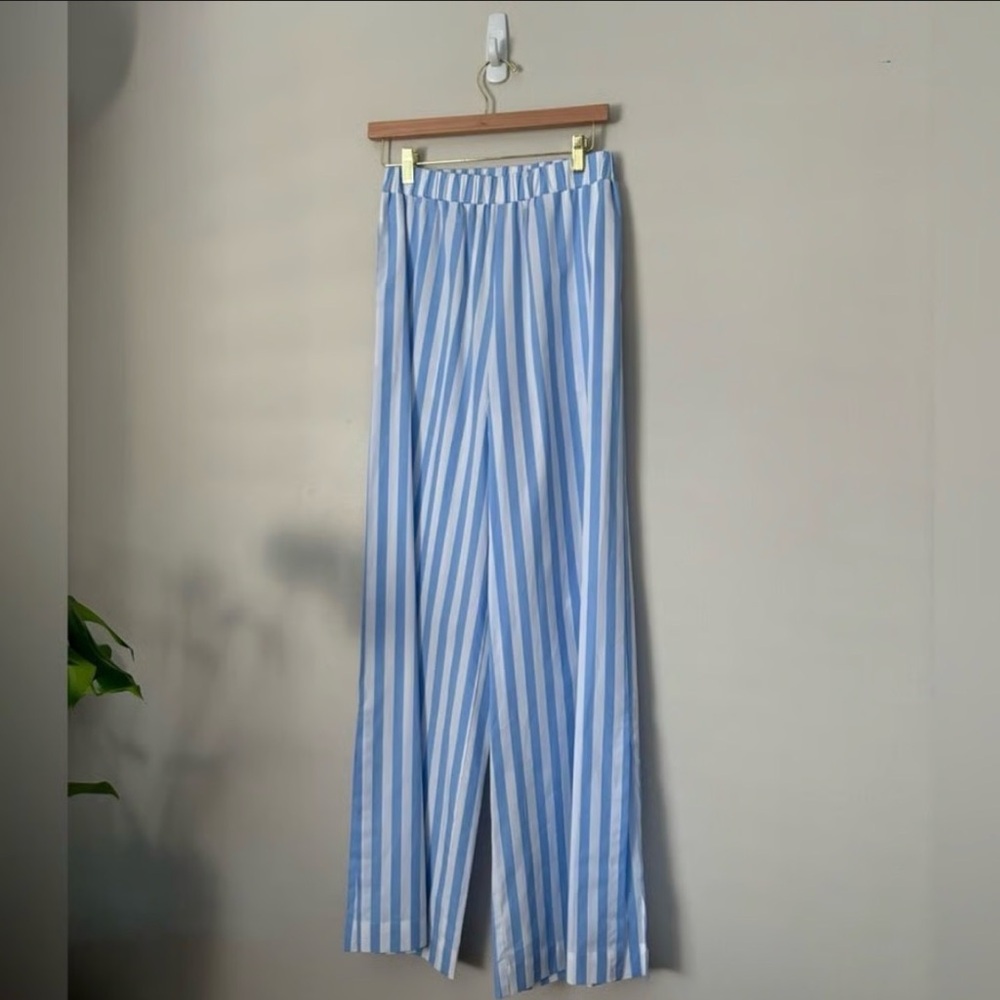 WOERA Baby Blue Pinstripe Poplin Wide Leg Slit Palazzo Pants